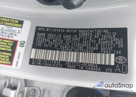 2016 Toyota Corolla Le из США, поврежденный, VIN 2T1BURHE1GC555640